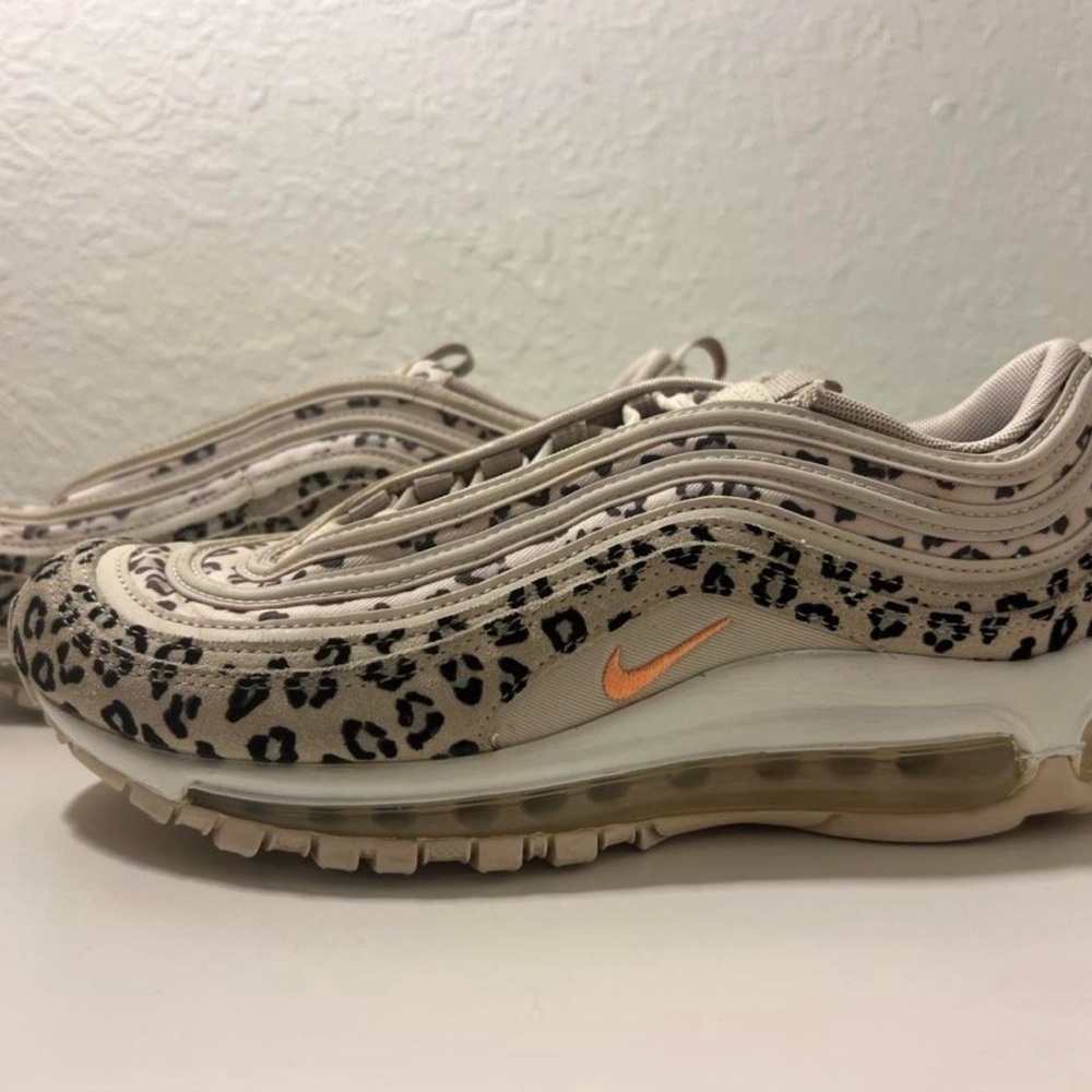 Nike Women’s Air Max 97 Leopard Print Sneakers in Beige with Orange Swoosh
